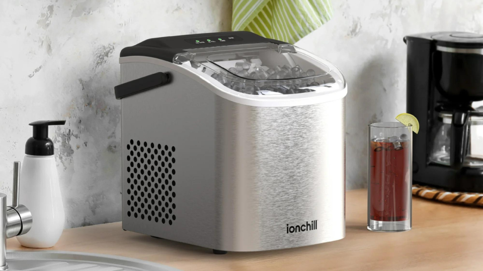 the stainless steel ice maker on a kitchen counter