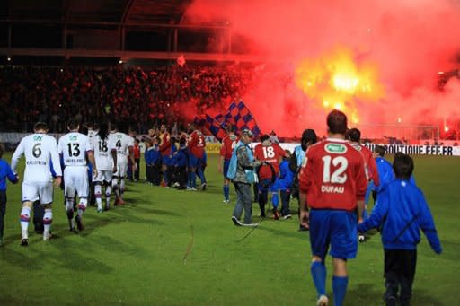 GFCO Ajaccio's players and Lyon's players arrive to play the French Cup semi-final football match GFCO Ajaccio vs Lyon in the Francois Coty stadium in Ajaccio, Corsica. Lyon won 4-0