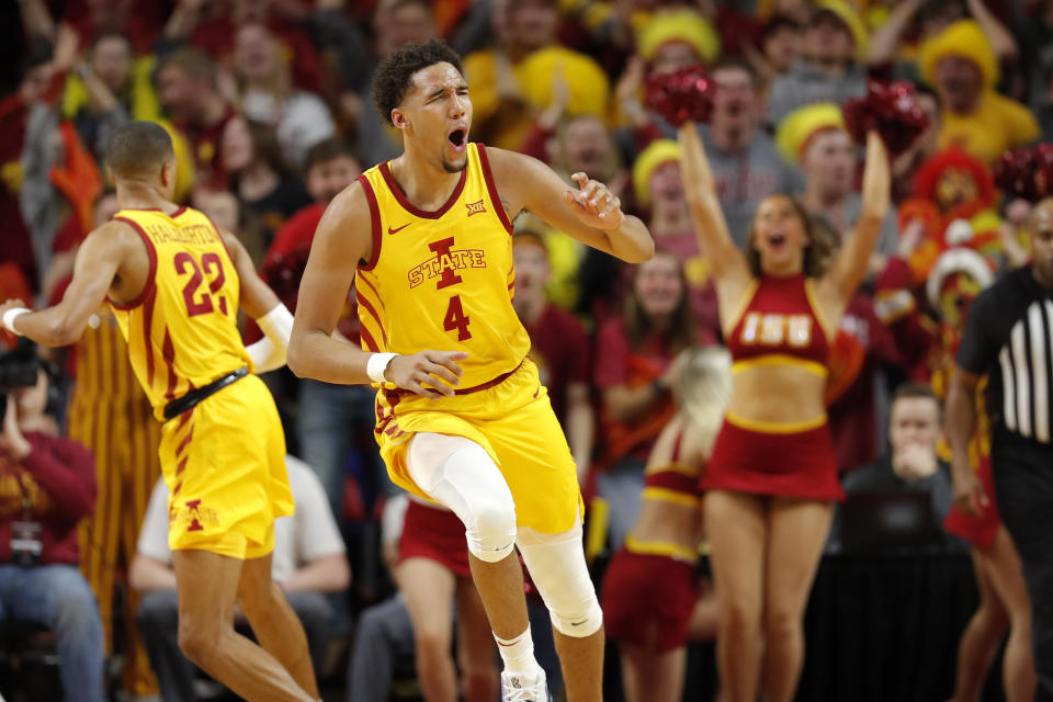 Iowa State forward George Conditt reacts after scoring against Seton Hall during the first half of an NCAA college basketball game, Sunday, Dec. 8, 2019, in Ames, Iowa. (AP Photo/Matthew Putney)