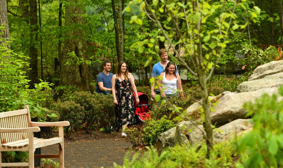 John and Sabrina Limpert, left, of Leominister, and Brittany Bolser and Randy Day visiting from Denver, tour The Ramble at the New England Botanic Garden at Tower Hill in Boylston on Saturday.