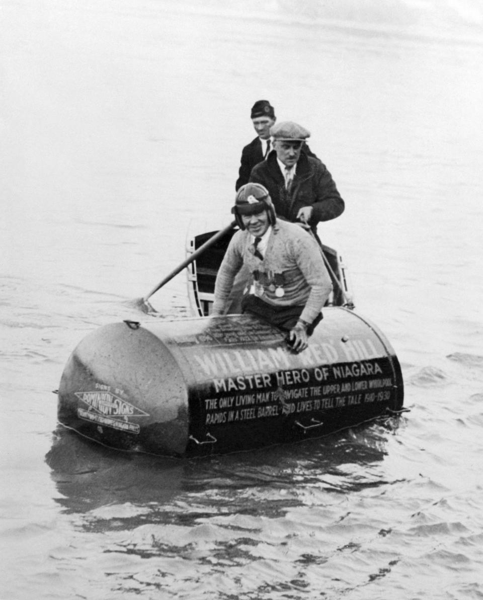 William Hill in the steel barrel made of rubber tubes in 1930.