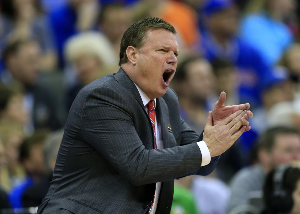 Kansas coach Bill Self reacts to a call during the first half of the team's final against Oregon in the NCAA men's college basketball tournament Midwest Regional, Saturday, March 25, 2017, in Kansas City, Mo. (AP Photo/Orlin Wagner)