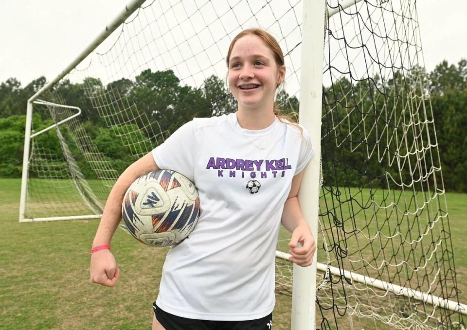 Ardrey Kell girls soccer player Makayla Rodriguez on Wednesday, April 17, 2024. Rodriguez a freshman is a star player and hopes to lead the Knights to back-to-back state titles.