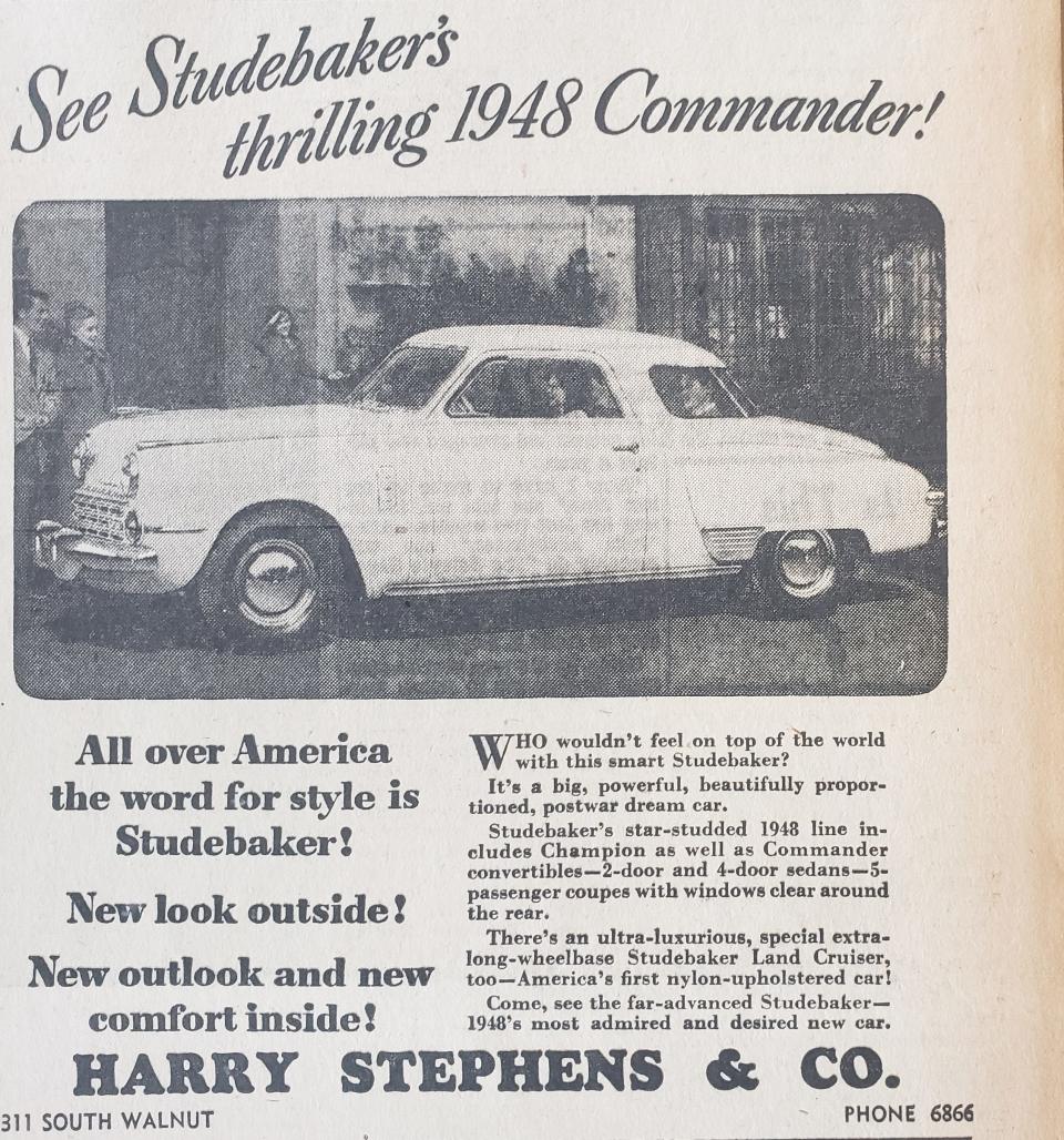 A 1948 advertisement in the World Telephone newspaper highlights the "thrilling" 1948 Commander Studebaker, just a couple years older than the 1951 model that Mary Miller and Dina Preston drove.