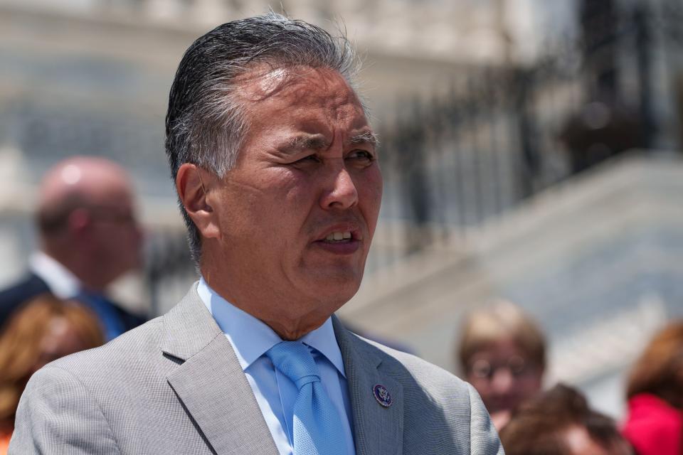Rep. Mark Takano, D-Calif., speaks during a press event on the racist mass shooting in Buffalo on Thursday, May 19.