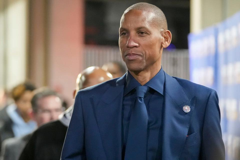 Reggie Miller arrives Sunday, Feb. 18, 2024, ahead of the 73rd NBA All-Star game at Gainbridge Fieldhouse in downtown Indianapolis.