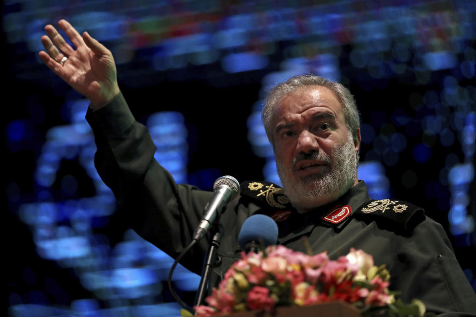 Deputy commander of the Iran's Revolutionary Guard Gen. Ali Fadavi addresses female members of the Guard-affiliated Basij paramilitary force in one of the ceremonies marking "Basij Week," and also commemorating the 40th anniversary of establishment of the force, in Tehran, Iran, Sunday, Nov. 24, 2019. (AP Photo/Vahid Salemi)