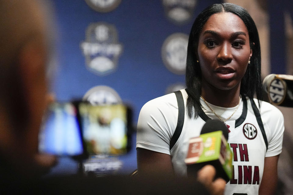 South Carolina NCAA women's college basketball player Bree Hall speaks during Southeastern Conference Media Days, Thursday, Oct. 19, 2023, in Birmingham, Ala. (AP Photo/Mike Stewart)