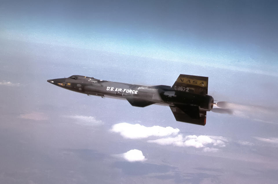 <p>The X-15 was built to research piloted hypersonic (speeds above Mach 1) flight within and outside the Earth’s atmosphere. Lessons from the X-15 contributed to the Mercury, Gemini, and Apollo piloted spaceflight programmes as well as the later Space Shuttle programme.</p><p>The X-15 did not take off from a runway but was instead launched from beneath the wing of a modified B-52 Stratofortress bomber NB-52. This saved fuel, something the rocket engine burnt at a prodigious rate. The X-15 was air-launched at about 45,000 and a speed of 500 mph. The rocket engine provided thrust for the 80 to 120 seconds. Three aircraft were built and flew a total of 199 flights. Flying above 80km altitude, the pilots met qualification as astronauts.</p><p><strong><em><a href="https://twitter.com/hush_kit" rel="nofollow noopener" target="_blank" data-ylk="slk:Joe Coles;elm:context_link;itc:0;sec:content-canvas" class="link ">Joe Coles</a></em></strong><strong><em> is the author of the superb </em></strong><strong><em><a href="https://unbound.com/books/hushkit" rel="nofollow noopener" target="_blank" data-ylk="slk:Hush-Kit Book of Warplanes 1;elm:context_link;itc:0;sec:content-canvas" class="link ">Hush-Kit Book of Warplanes 1</a></em></strong><strong><em> and </em></strong><strong><em><a href="https://unbound.com/books/hushkit2" rel="nofollow noopener" target="_blank" data-ylk="slk:2;elm:context_link;itc:0;sec:content-canvas" class="link ">2</a></em></strong><strong><em>, and is currently crowdfunding </em></strong><strong><em><a href="https://unbound.com/books/the-hush-kit-book-of-warplanes-vol-3" rel="nofollow noopener" target="_blank" data-ylk="slk:volume 3;elm:context_link;itc:0;sec:content-canvas" class="link ">volume 3</a></em></strong></p>