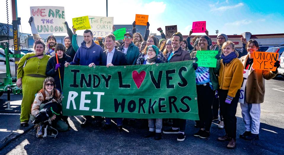 Employees at the REI store in Castleton were joined by Indianapolis Mayor Joe Hogsett and State Senator Fady Qaddoura during a union action on Saturday, Feb. 2, 2024, in Indianapolis, Ind. Employees at the Castleton store are seeking to unionize with the United Food and Commercial Workers.