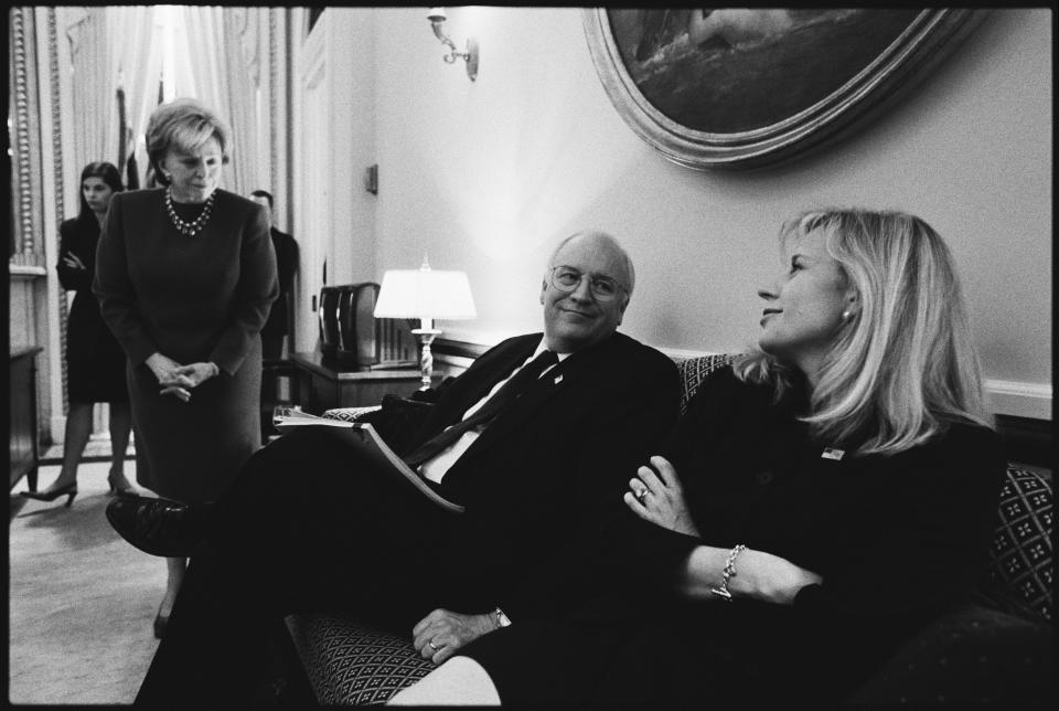 Lynne Cheney (L), Vice President Dick Cheney and daughter Elizabeth 'Liz' sit in the Vice President office in the U.S. Capitol prior to President George W. Bush's State of the Union address January 29, 2002 in Washington, D.C.  (Photo by David Hume Kennerly/Getty Images)