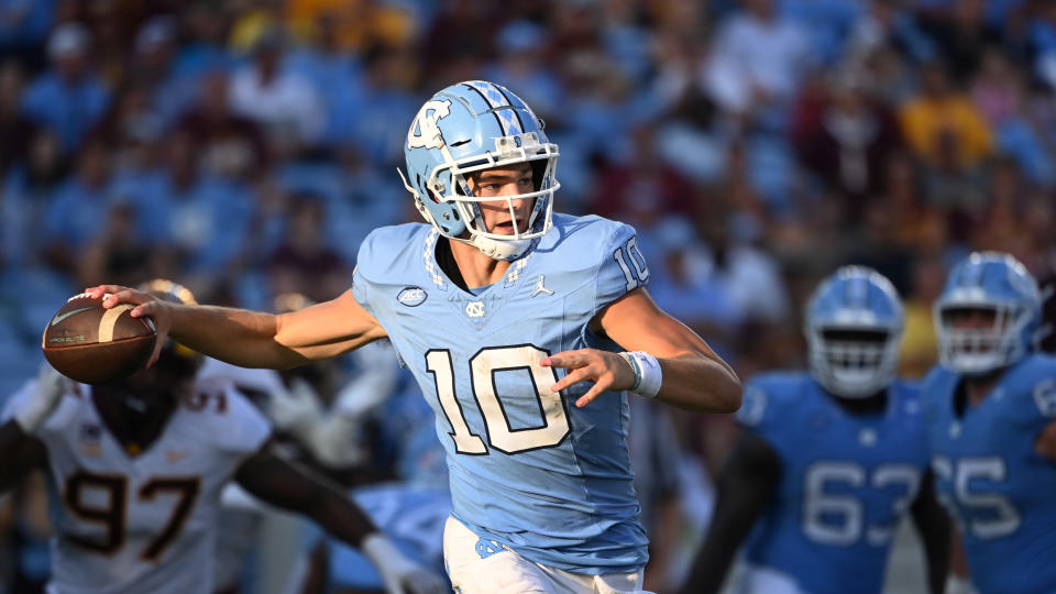 Sep 16, 2023; Chapel Hill, North Carolina, USA; North Carolina Tar Heels quarterback Drake Maye (10) passes the ball in the fourth quarter at Kenan Memorial Stadium. Mandatory Credit: Bob Donnan-USA TODAY Sports