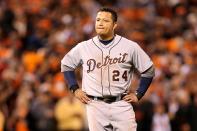 SAN FRANCISCO, CA - OCTOBER 24: Miguel Cabrera #24 of the Detroit Tigers reacts after being stuckout by Tim Lincecum #55 of the San Francisco Giants in the eighth inning during Game One of the Major League Baseball World Series at AT&T Park on October 24, 2012 in San Francisco, California. (Photo by Christian Petersen/Getty Images)