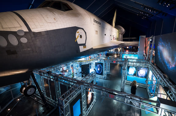 The Hubble@25 exhibition at the Intrepid Sea, Air & Space Museum in New York City occupies the space underneath and around the prototype space shuttle Enterprise.