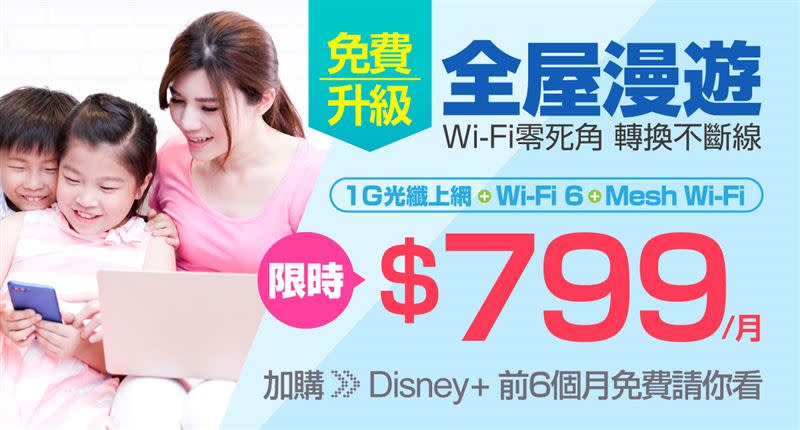 台灣大寬頻網路門市限時新申辦1G光纖上網＋Wi-Fi 6每月特惠799元。（圖／台灣大提供）