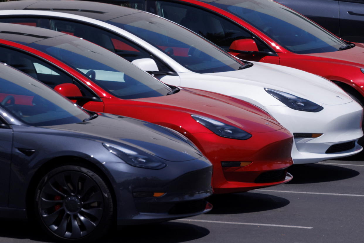 Tesla vehicles are shown at a sales and service center in Vista, California, U.S., June 3, 2022.    REUTERS/Mike Blake
