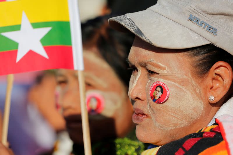 People gather to rally in support of Myanmar State Counsellor Aung San Suu Kyi in Bago