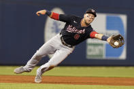 Washington Nationals shortstop Carter Kieboom (8) catches a ball hit by Miami Marlins' Lewis Brinson during the eight inning of a baseball game, Wednesday, Sept. 22, 2021, in Miami. (AP Photo/Marta Lavandier)