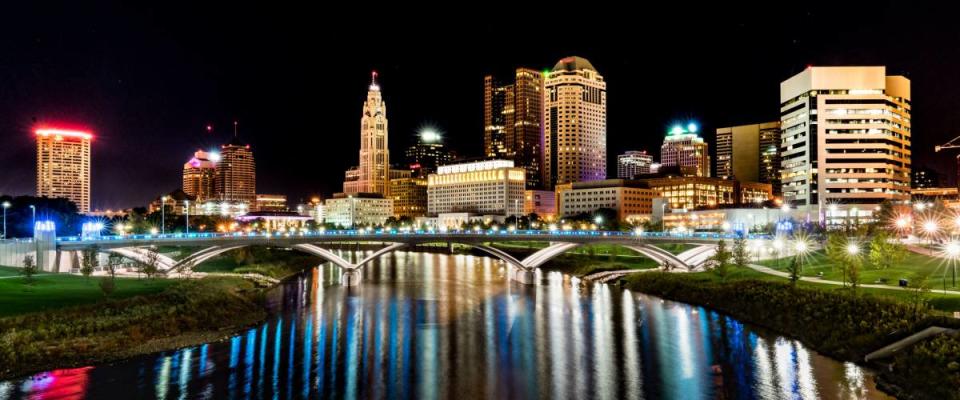 Columbus, Ohio night skyline from the the Main Street Bridge