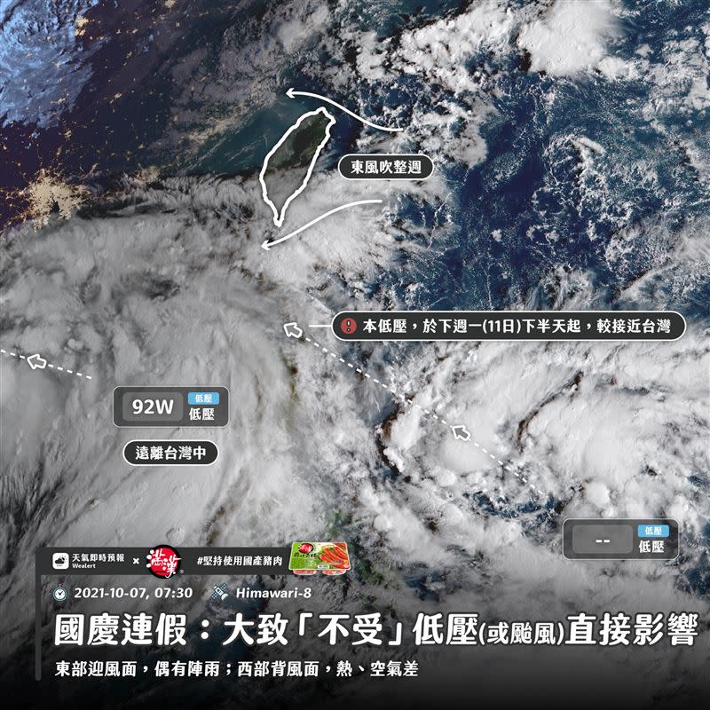 「天氣即時預報」今（7）天發文表示，國慶連假：大致「不受」低壓（或颱風）直接影響（圖／翻攝自天氣即時預報）