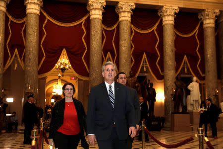 FILE PHOTO: U.S. House Majority Leader Kevin McCarthy (R-CA) walks on Capitol Hill in Washington, U.S., after the House vote on the continuing resolution to avoid government shutdown, December 21, 2017. REUTERS/Yuri Gripas