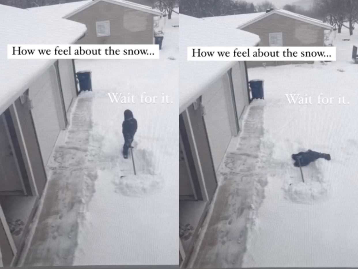 6-year-old Willow trying to shovel snow in her driveway.