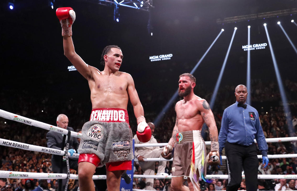 LAS VEGAS, NEVADA - MARCH 25: David Benavidez (L) walks away from Caleb Plant after a 12-round WBC super middleweight fight at MGM Grand Garden Arena on March 25, 2023 in Las Vegas, Nevada. Benavidez retained his WBC interim super middleweight title by unanimous decision. Referee Kenny Bayless looks on at right. (Photo by Steve Marcus/Getty Images)