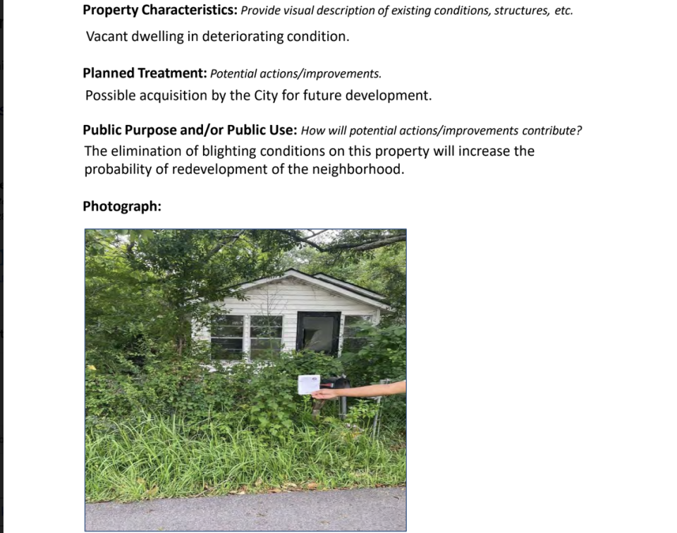 A screenshot from the Ocean Springs’ Urban Renewal Plan shows an excerpt describing a home in the downtown area of Ocean Springs as blighted and suggesting acquisition by the city.