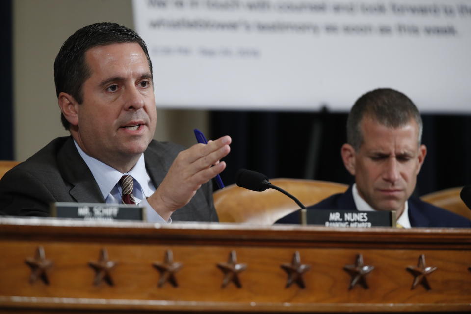 Ranking member Rep. Devin Nunes of Calif., questions Ambassador Kurt Volker, former special envoy to Ukraine, and Tim Morrison, a former official at the National Security Council. (Photo: Alex Brandon/AP)