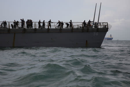 The U.S. Navy guided-missile destroyer USS John S. McCain is seen after a collision, in Singapore waters August 21, 2017. REUTERS/Ahmad Masood