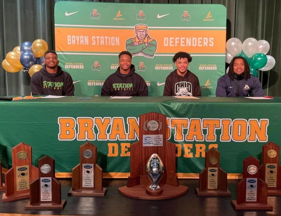 Bryan Station High School football seniors Jahvon Frazier, Dahvon Frazier, J.T. Haskins Jr. and Jason Hocker signed their national letters of intent for their respective colleges at a signing ceremony at the school on Monday. Haskins signed with Ohio University. The others signed with Akron.