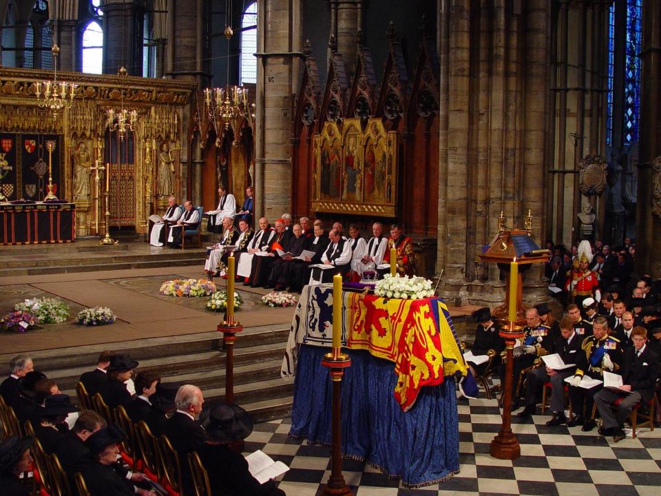 The Queen Mother's funeral in 2002 at Westminster Abbey.