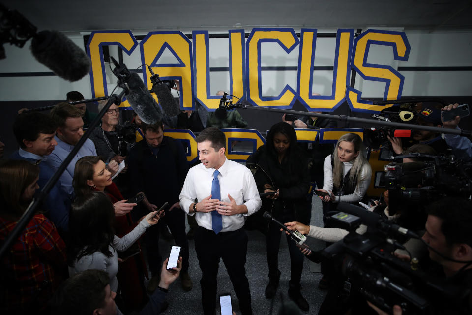 Democratic presidential candidate former South Bend, Indiana Mayor Pete Buttigieg answers questions from members of the media following a town hall event at the Boone County Fairgrounds Community Building January 27, 2020 in Boone, Iowa. (Photo: Win McNamee/Getty Images)