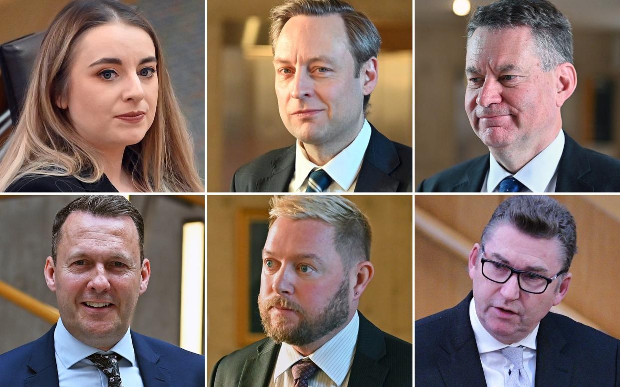 The candidates, clockwise from top left: Meghan Gallacher, Liam Kerr, Murdo Fraser, Brian Whittle, Jamie Greene, Russell Findlay