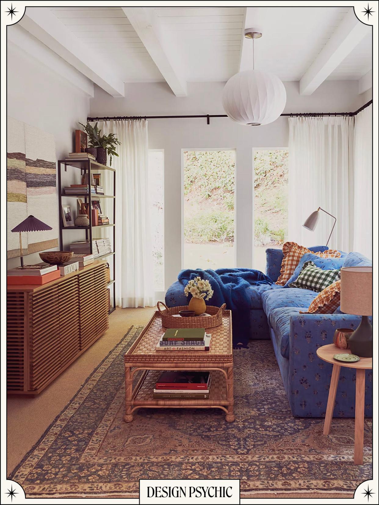 Living room with gingham pillows on sofa