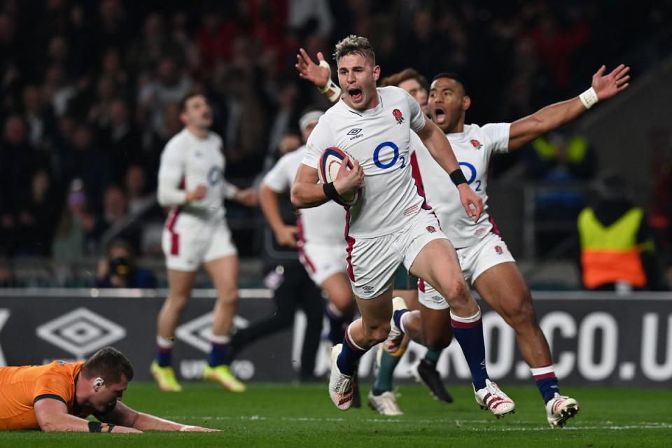 Freddie Steward scored the opening try in England’s win over Australia in November 2021 (AFP via Getty Images)