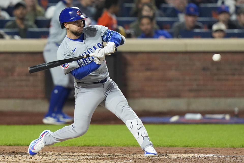 Chicago Cubs' Nick Madrigal grounds into a force out during the eighth inning of a baseball game against the New York Mets, Monday, April 29, 2024, in New York. Cubs' Michael Busch scored on the play. (AP Photo/Frank Franklin II)