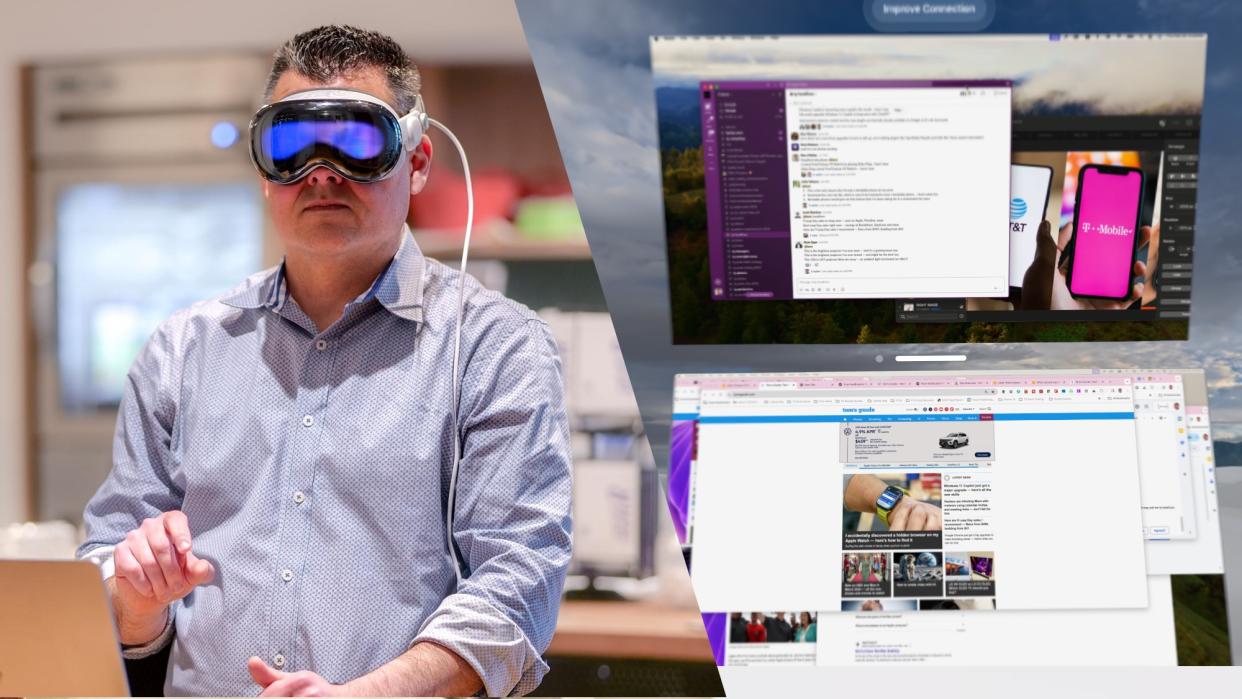  Man wearing Apple Vision Pro next to screenshot of Splitscreen Vision Pro app. 