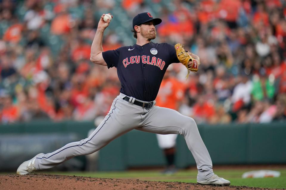 Guardians starting pitcher Shane Bieber took a no-hitter into the sixth inning of a 6-3 win over the Baltimore Orioles on Friday night. [Julio Cortez/Associated Press]