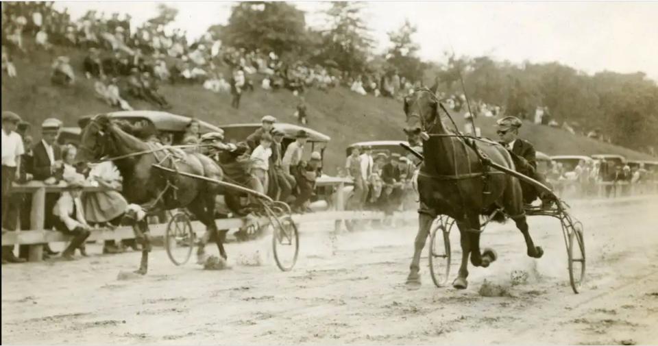 The Speedway at Roger Williams Park was a popular Fourth of July attraction a century ago. This July 1923 photo shows trotters in action on the half-mile track that ran from Elmwood Avenue to Broad Street.