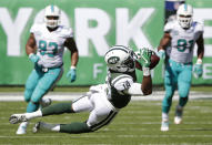 <p>New York Jets wide receiver ArDarius Stewart (18) catches a pass for a first down during the first half of an NFL football game against the Miami Dolphins Sunday, Sept. 24, 2017, in East Rutherford, N.J. (AP Photo/Seth Wenig) </p>