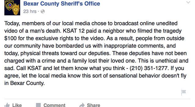 The Facebook post by the Bexar County Police Department calling for calm. Photo: Facebook