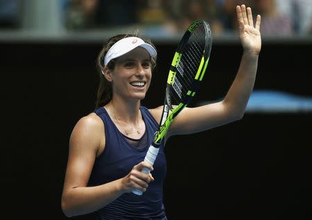 Tennis - Australian Open - Melbourne Park, Melbourne, Australia - 23/1/17 Britain's Johanna Konta celebrates winning her Women's singles fourth round match against Russia's Ekaterina Makarova. REUTERS/Issei Kato