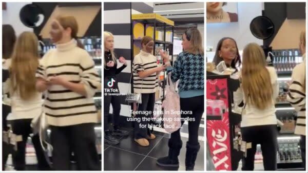 A video showing a group of teenage girls using makeup samples at a Sephora store to do blackface is drawing backlash online. (Photos: X/RyanBeard)