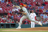Philadelphia Phillies starting pitcher Spencer Turnbull (22) throws during the first inning of a baseball game against the St. Louis Cardinals Monday, April 8, 2024, in St. Louis. (AP Photo/Scott Kane)