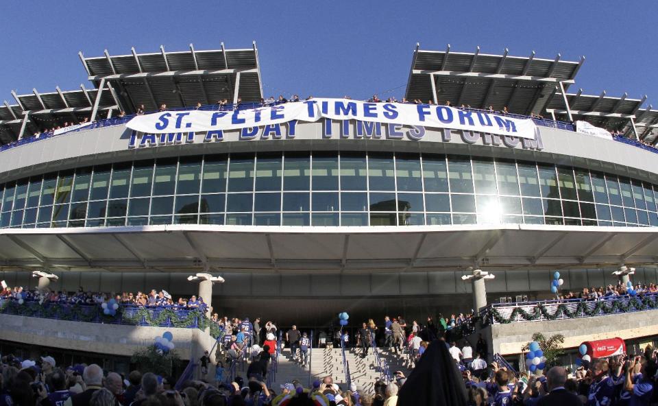 FILE - This Dec. 31, 2011 file photo shows the St. Pete Times Forum unveiling its new name, The Tampa Bay Times Forum, before the start of an NHL hockey game in Tampa, Fla. Tampa will host the Republican National Convention on Aug. 27-30, 2012. (AP Photo/Reinhold Matay, File)