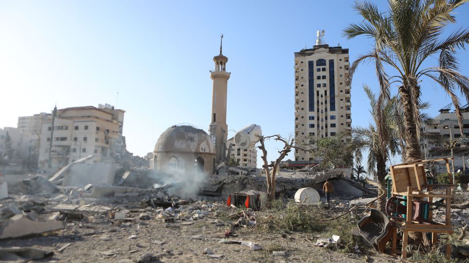 A view of destroyed Sheikh Zayed Al Nahyan Mosque following the Israeli attack in Al-Ketibe area of Gaza City, Gaza on November 4, 2023. - Hind Khoudary/Anadolu/Getty Images