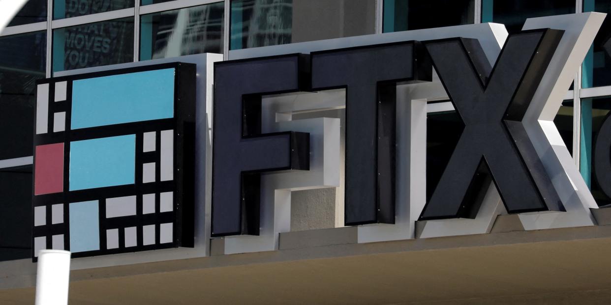 The logo of FTX is seen at the entrance of the FTX Arena in Miami, Florida, U.S., November 12, 2022.