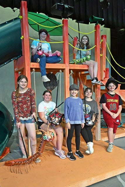 Cast members in the Green Middle School Drama Club production of "James and the Giant Peach Jr." are Victoria Wyatt (Centipede) front left, Malayna Turpin (Ladybug), Riley Mullet (James), Sienna Watkins (Spider), Nathan Westover (Ladahord); Riley Grassman (Earthworm), back left, and Kyrie Wynn (Grasshopper).