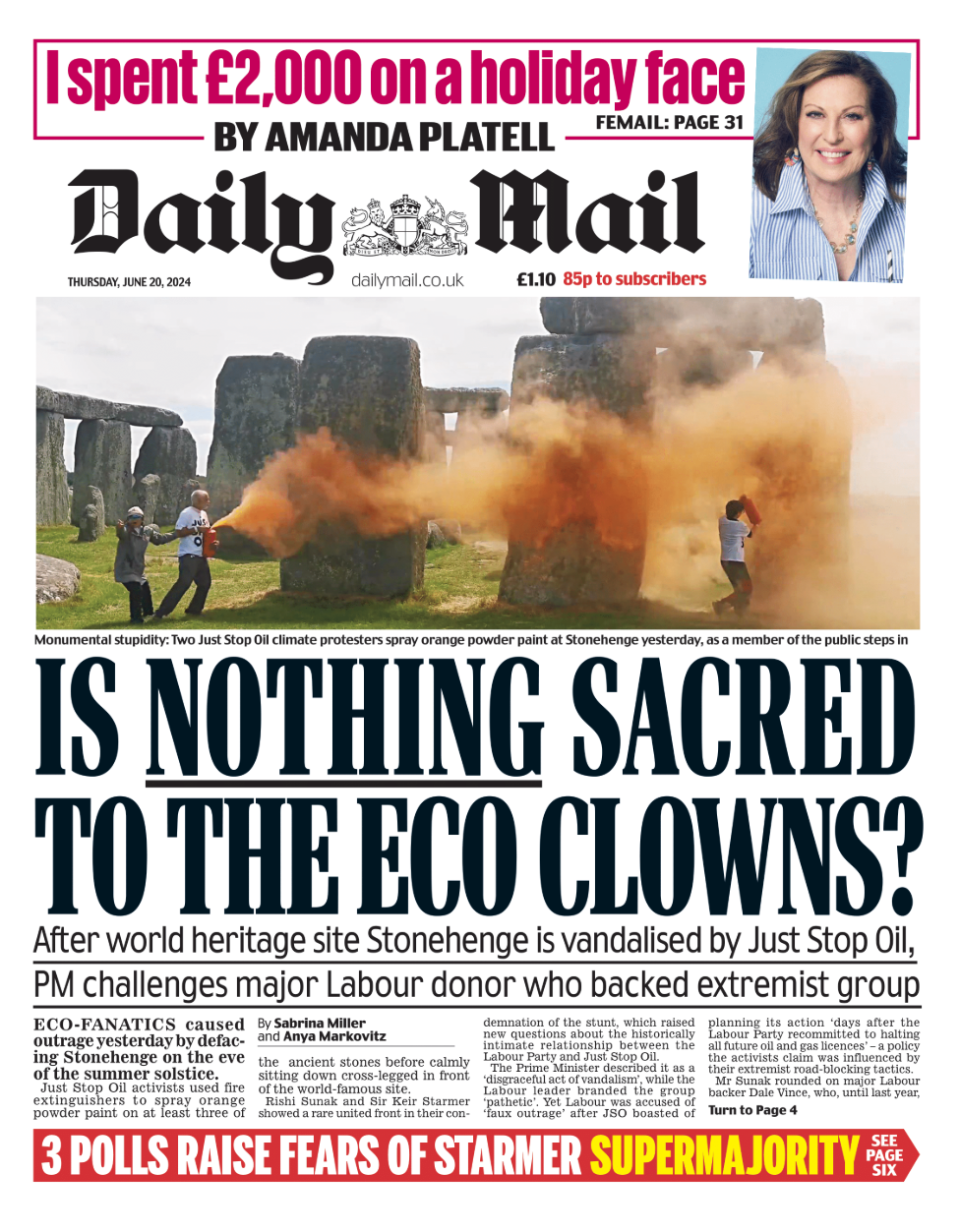 The front page of the Daily Mail, whose headline reads "is nothing sacred to the eco clowns?"